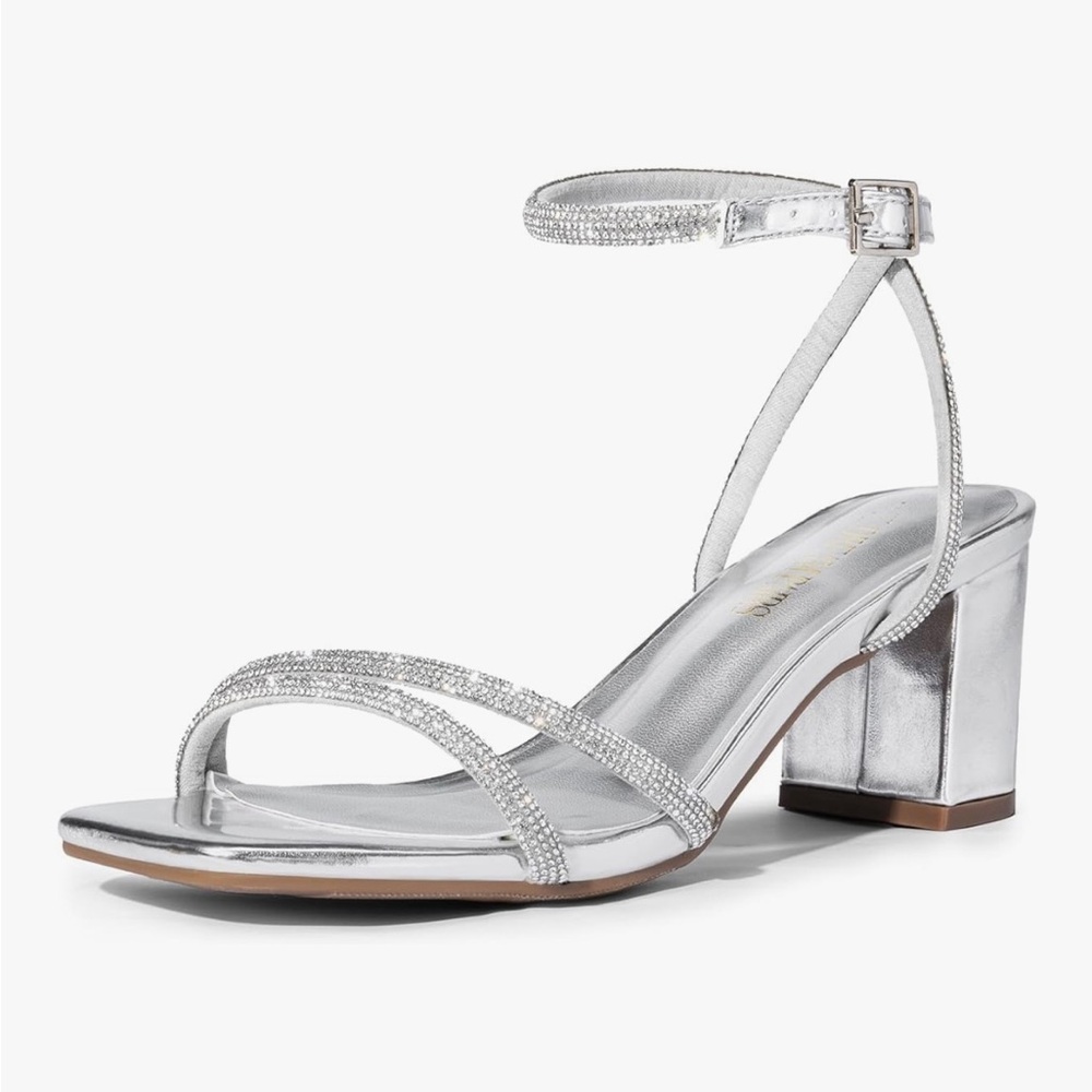 Silver Rhinestone Strap Block Heels - Picture 3 of 5